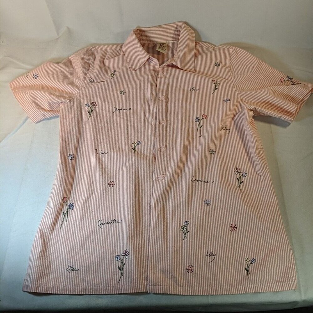 K Koret Vintage Pink Floral Embroidered Flower Short Sleeve Button Up Shirt M